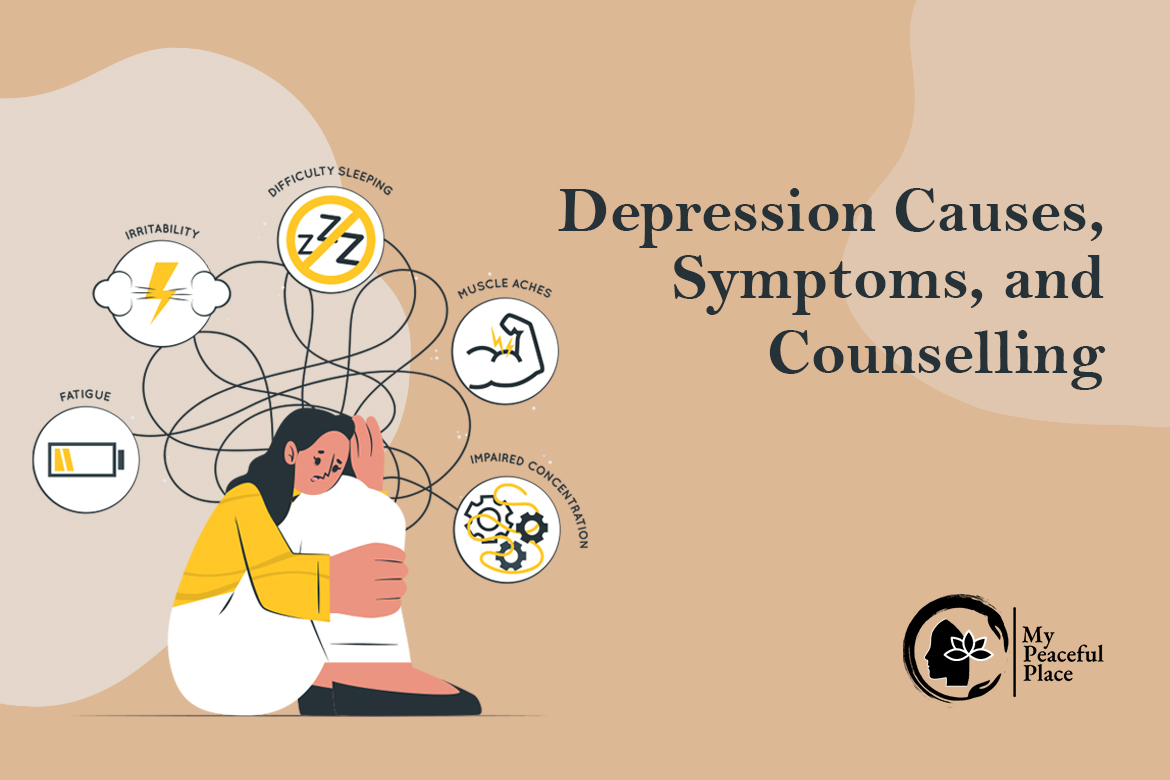 A depressed girl sitting with thought icons. text 'depression counselling in singapore'